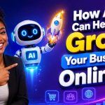 A smiling business owner next to a friendly floating robot assistant holding a glowing rocket, showing online business growth.