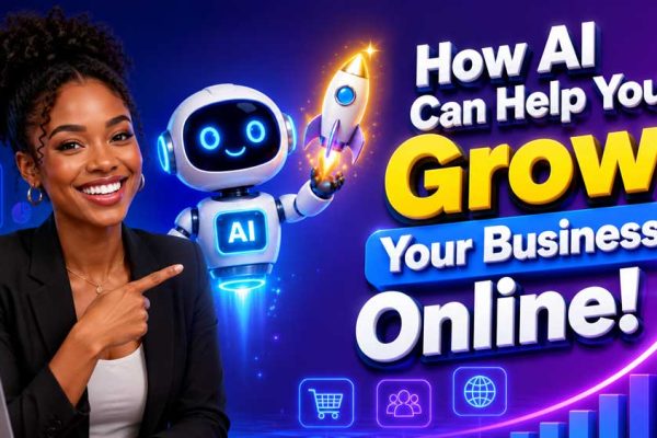 A smiling business owner next to a friendly floating robot assistant holding a glowing rocket, showing online business growth.