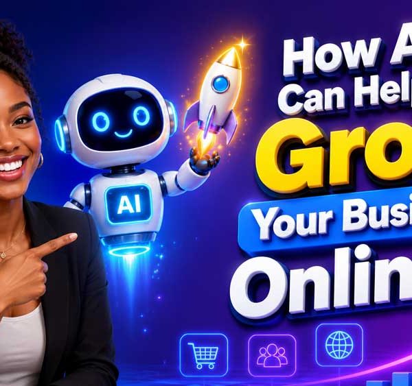 A smiling business owner next to a friendly floating robot assistant holding a glowing rocket, showing online business growth.