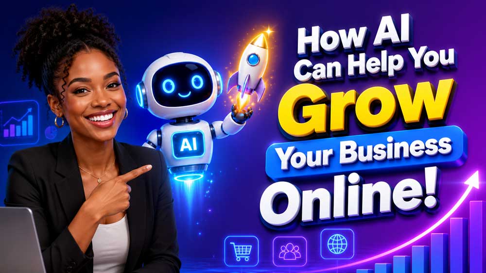 A smiling business owner next to a friendly floating robot assistant holding a glowing rocket, showing online business growth.