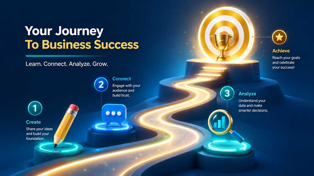 A winding glowing path of digital steps leading to a business target, illustrating simple steps to automate online business growth.