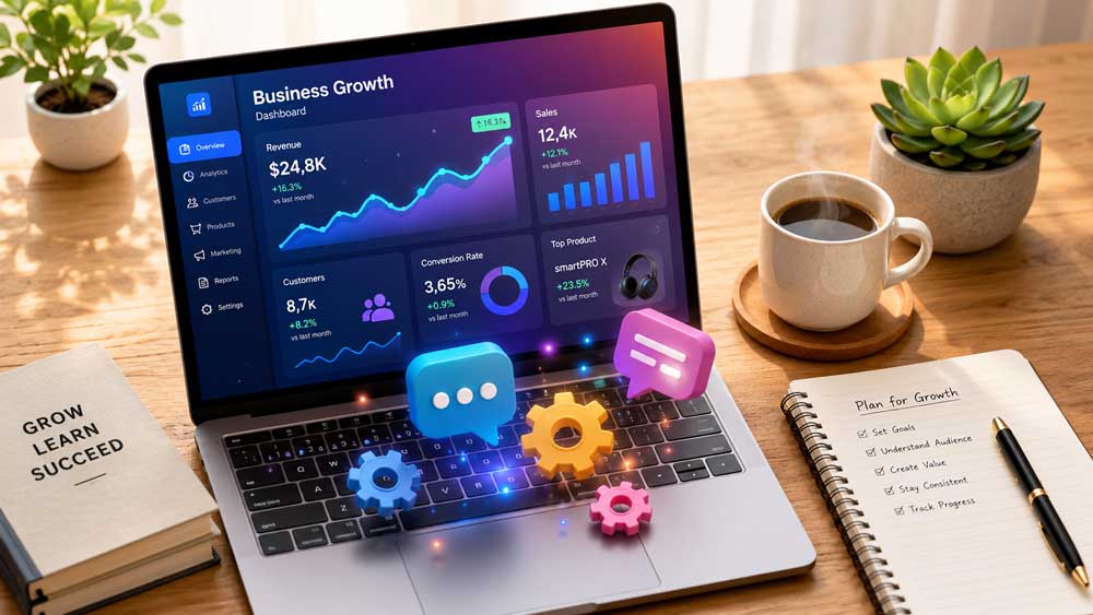 A bright, modern desk workspace with a laptop showing colorful business growth charts and floating digital icons, representing AI tools for business.