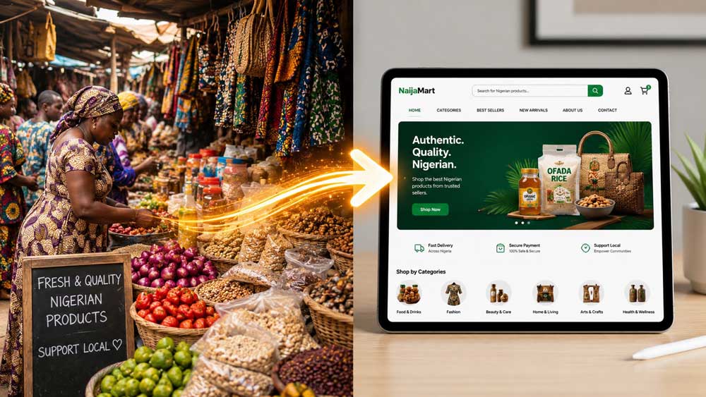 How to Promote Your Business Online in Nigeria. Conceptual image showing the move from a physical market stall to a digital storefront in Nigeria.