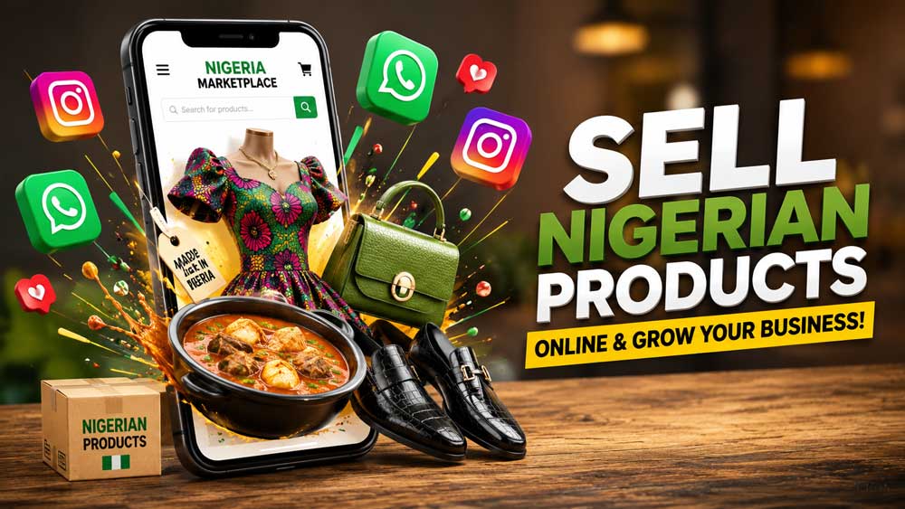 How to Promote Your Business Online in Nigeria. 3D illustration showing Nigerian products emerging from a smartphone to represent online selling.