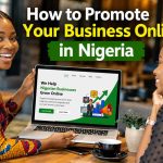 How to Promote Your Business Online in Nigeria. A Nigerian entrepreneur showing his business website to a friend in a modern cafe.