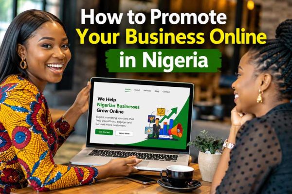How to Promote Your Business Online in Nigeria. A Nigerian entrepreneur showing his business website to a friend in a modern cafe.