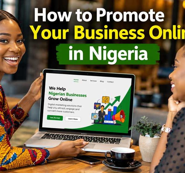 How to Promote Your Business Online in Nigeria. A Nigerian entrepreneur showing his business website to a friend in a modern cafe.