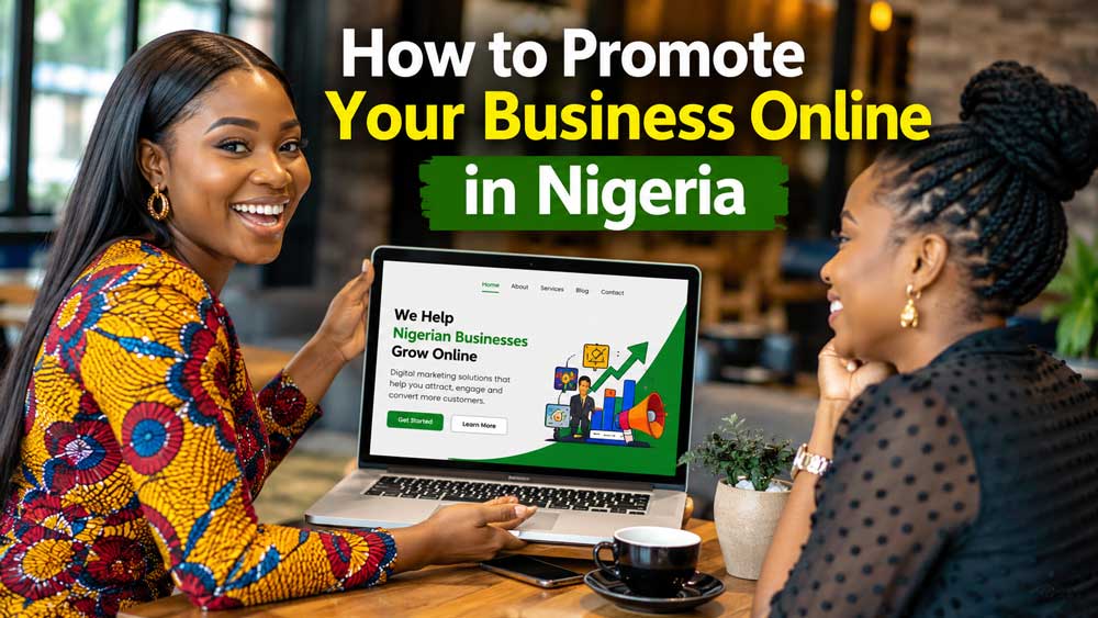 How to Promote Your Business Online in Nigeria. A Nigerian entrepreneur showing his business website to a friend in a modern cafe.