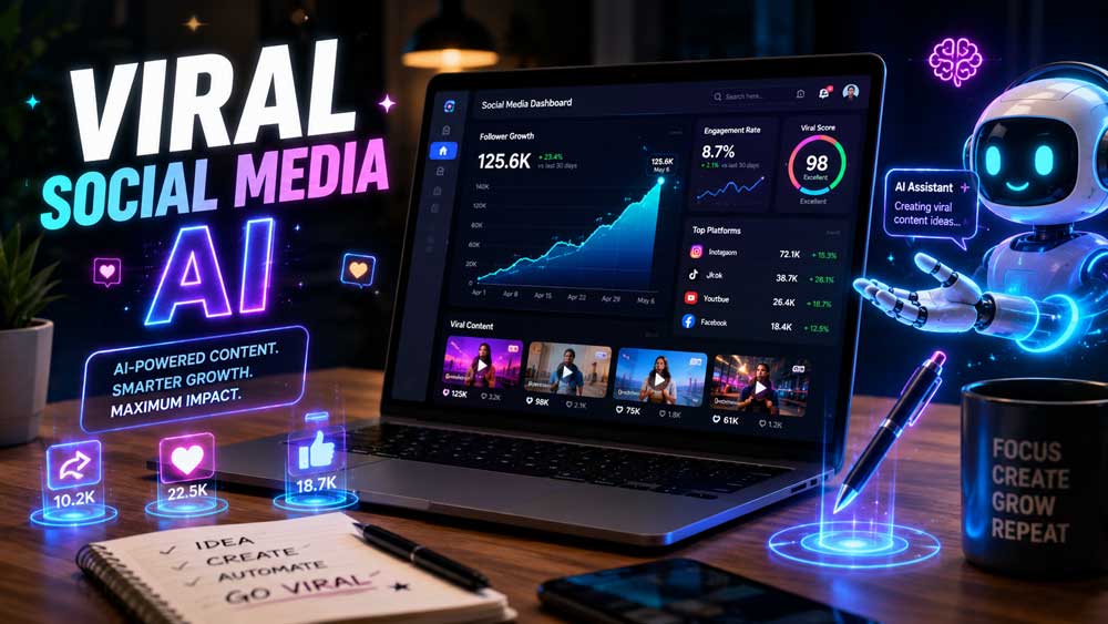 A sleek laptop on a desk showing growing social media analytics with floating 3D holographic digital art and a bold text banner reading 'VIRAL SOCIAL MEDIA AI'.