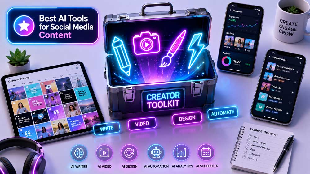 A futuristic glowing toolkit with neon icons representing content writing, video, and design tools, surrounded by modern mobile device mockups on a minimalist background.