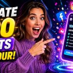 An excited content creator pointing to a glowing smartphone with exploding social media icons and bold text reading 'CREATE 100 POSTS IN 1 HOUR!'.