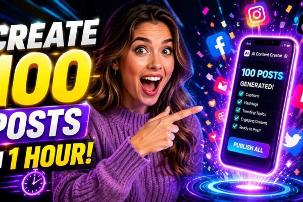 An excited content creator pointing to a glowing smartphone with exploding social media icons and bold text reading 'CREATE 100 POSTS IN 1 HOUR!'.
