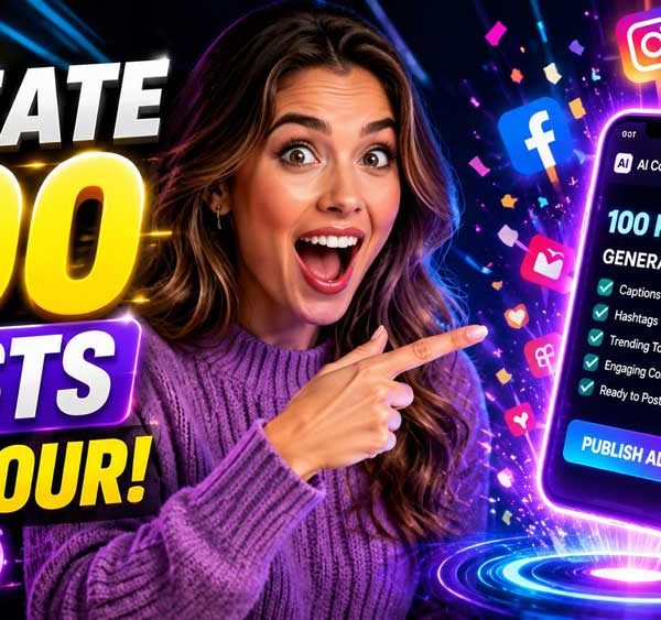 An excited content creator pointing to a glowing smartphone with exploding social media icons and bold text reading 'CREATE 100 POSTS IN 1 HOUR!'.