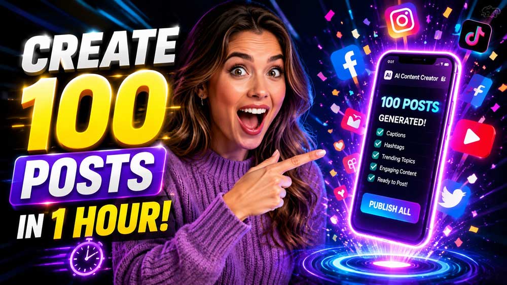 An excited content creator pointing to a glowing smartphone with exploding social media icons and bold text reading 'CREATE 100 POSTS IN 1 HOUR!'.