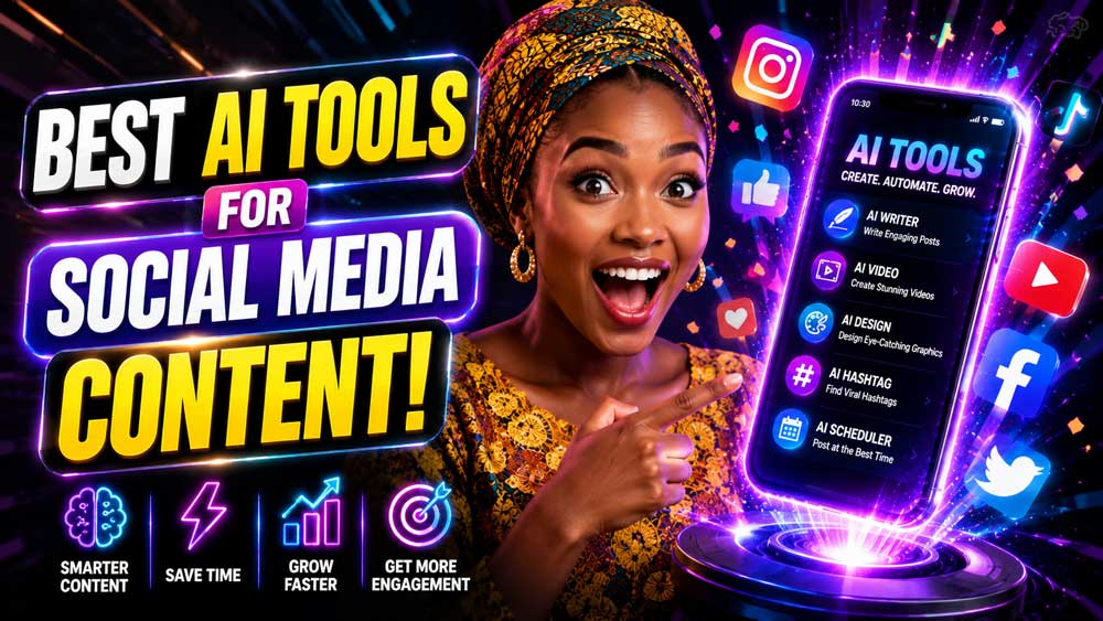 An excited content creator pointing to a glowing smartphone with exploding social media icons and bold text reading 'Best AI Tools for Social Media Content'