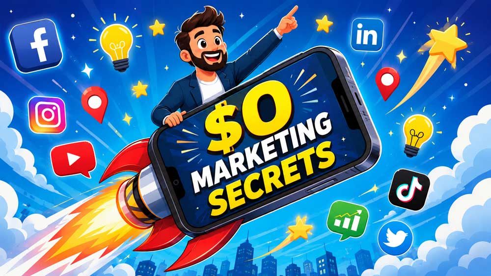 Colorful flat vector illustration of a business owner launching a smartphone rocket with $0 MARKETING SECRETS written on it.