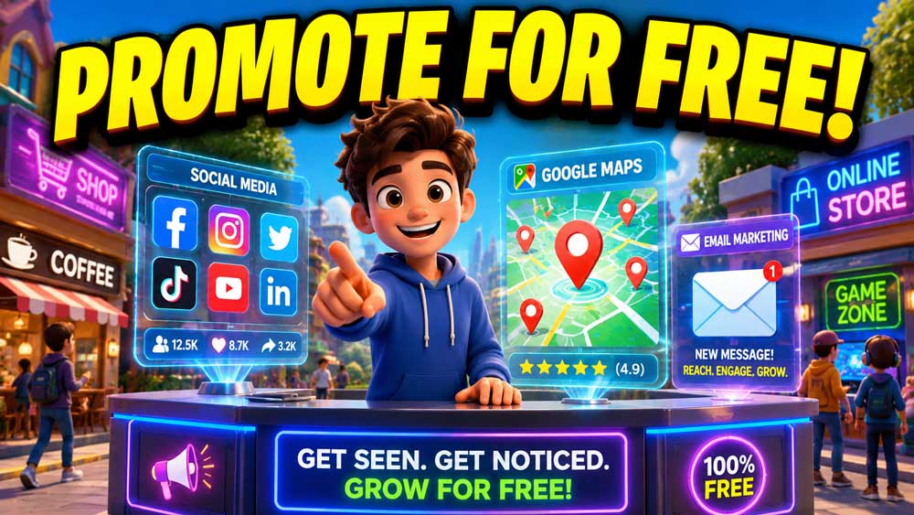 3D cartoon illustration of a digital kiosk displaying social media and map icons with "PROMOTE FOR FREE!" text, ideal for business online marketing.