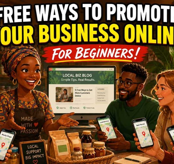 Warm illustration of a shop owner talking to customers holding smartphones showing Google maps.