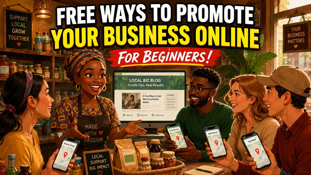 Warm illustration of a shop owner talking to customers holding smartphones showing Google maps.