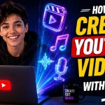 A young content creator smiling in front of a laptop while glowing 3D holographic icons of video editing, audio waves, and music emerge from the screen under neon lights, featuring the bold text "How to Create YouTube Videos with AI!