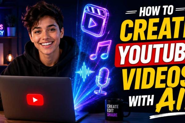 A young content creator smiling in front of a laptop while glowing 3D holographic icons of video editing, audio waves, and music emerge from the screen under neon lights, featuring the bold text "How to Create YouTube Videos with AI!