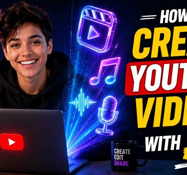 A young content creator smiling in front of a laptop while glowing 3D holographic icons of video editing, audio waves, and music emerge from the screen under neon lights, featuring the bold text "How to Create YouTube Videos with AI!