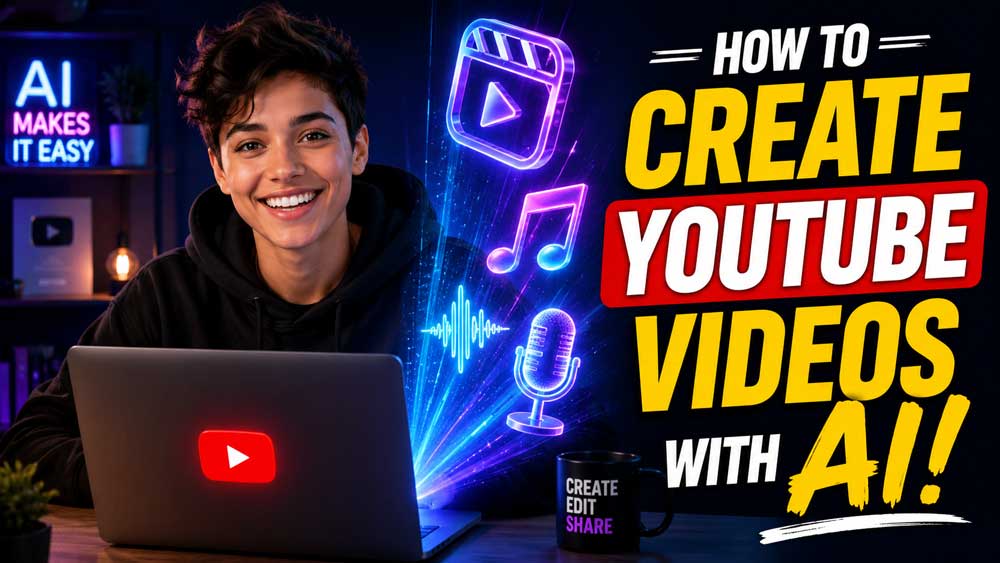 A young content creator smiling in front of a laptop while glowing 3D holographic icons of video editing, audio waves, and music emerge from the screen under neon lights, featuring the bold text "How to Create YouTube Videos with AI!