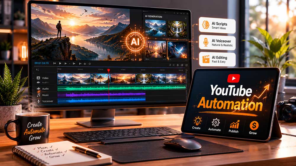 A modern clean office desk with a computer monitor showing a professional video editing timeline and a tablet with the text "YouTube Automation" glowing next to a warm cup of coffee.