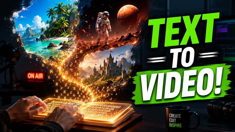 Glowing letters from a computer keyboard transforming into vivid 3D miniature scenes of a tropical island and an astronaut, set against a dark creative studio background with the text "TEXT TO VIDEO!".