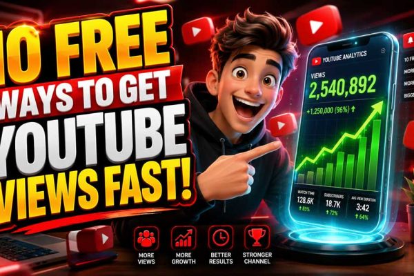 An excited creator pointing at a glowing screen showing growing video views and analytics.