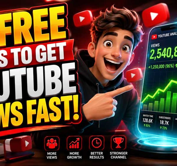 An excited creator pointing at a glowing screen showing growing video views and analytics.
