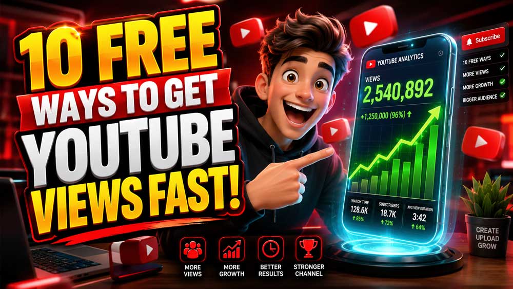An excited creator pointing at a glowing screen showing growing video views and analytics.