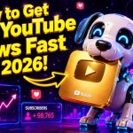 A colorful digital illustration of a friendly tech robot dog holding a golden YouTube play button, surrounded by rising neon growth charts and floating emojis.