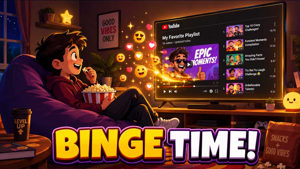 A cozy vector illustration of a teenager watching a YouTube playlist on a television screen while eating popcorn.