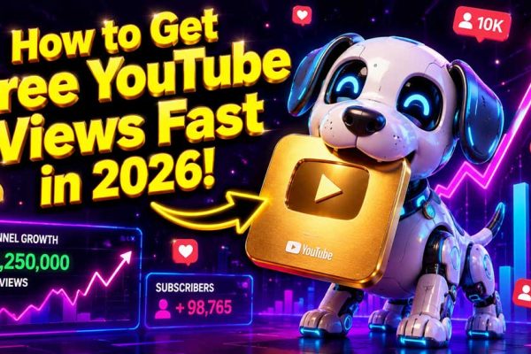 A colorful digital illustration of a friendly tech robot dog holding a golden YouTube play button, surrounded by rising neon growth charts and floating emojis.