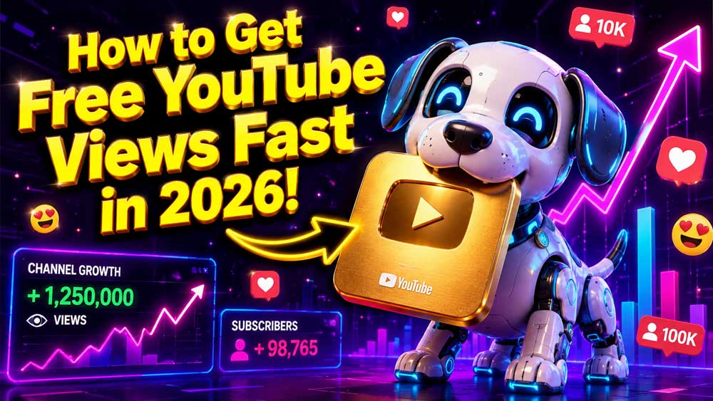 A colorful digital illustration of a friendly tech robot dog holding a golden YouTube play button, surrounded by rising neon growth charts and floating emojis.