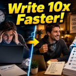 Illustration of a happy blogger using a friendly AI assistant to write content quickly.