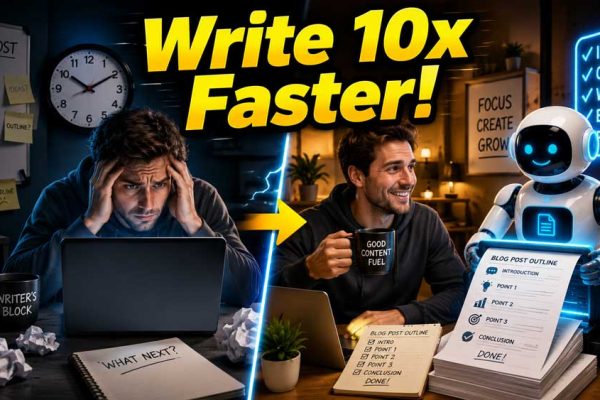 Illustration of a happy blogger using a friendly AI assistant to write content quickly.