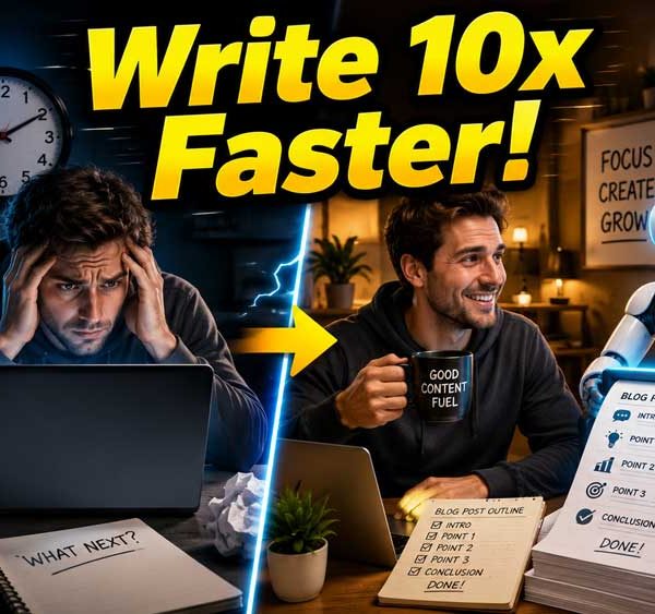 Illustration of a happy blogger using a friendly AI assistant to write content quickly.