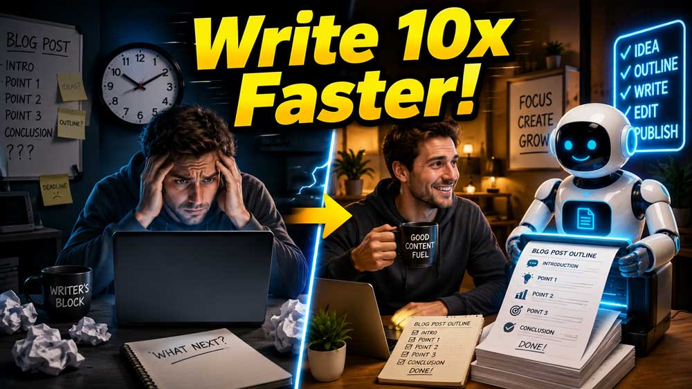 Illustration of a happy blogger using a friendly AI assistant to write content quickly.