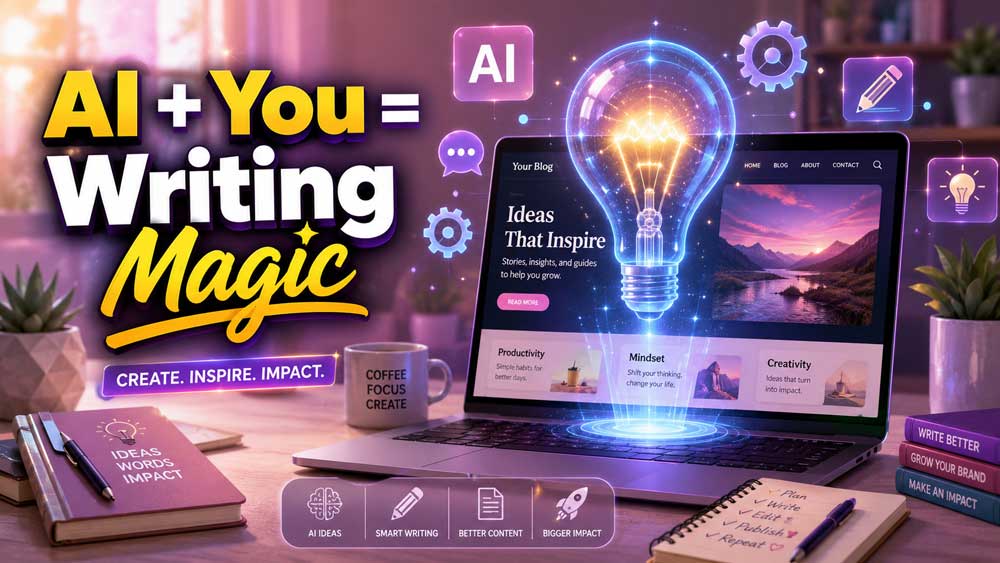 Digital workspace showing a holographic light bulb rising from a laptop screen to represent AI content brainstorming.