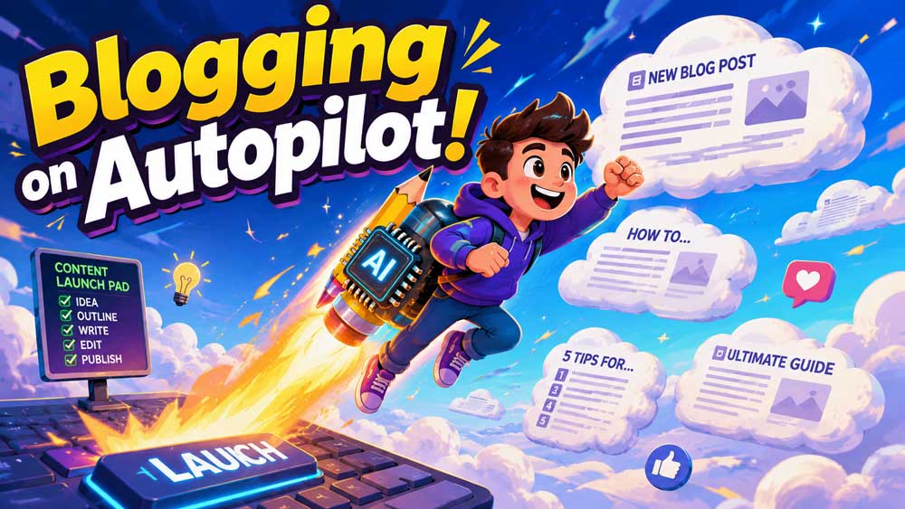 Cartoon runner using a pencil-microchip jetpack to represent speeding up the blog writing process with technology.