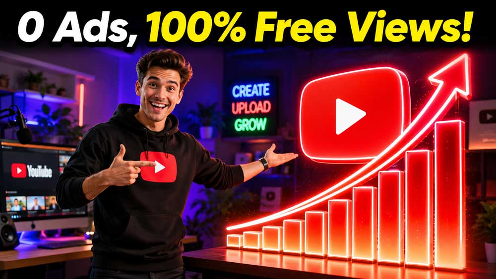 Illustration showing a YouTube creator celebrating organic growth with a text graphic stating zero ads and free views.