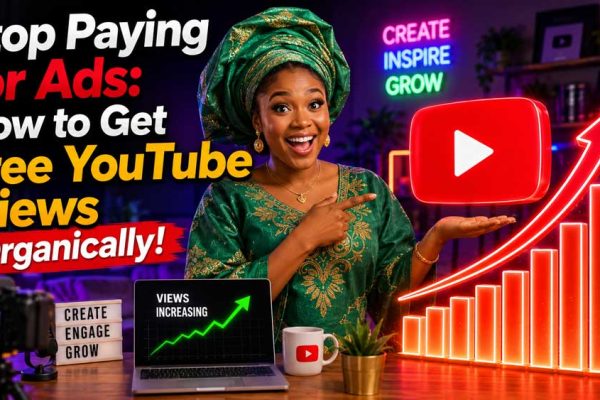 Illustration showing a YouTube creator celebrating organic growth with a text graphic stating zero ads and free views.