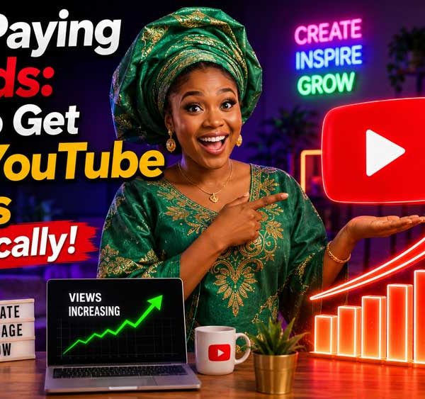 Illustration showing a YouTube creator celebrating organic growth with a text graphic stating zero ads and free views.