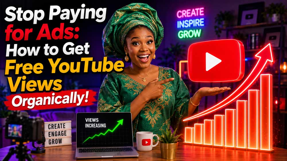 Illustration showing a YouTube creator celebrating organic growth with a text graphic stating zero ads and free views.