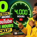 Excited YouTube content creator pointing at a giant clock displaying 4000 YouTube Watch Hours with bold text.
