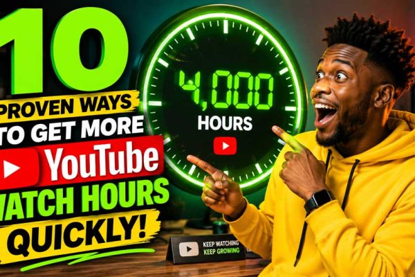 Excited YouTube content creator pointing at a giant clock displaying 4000 YouTube Watch Hours with bold text.