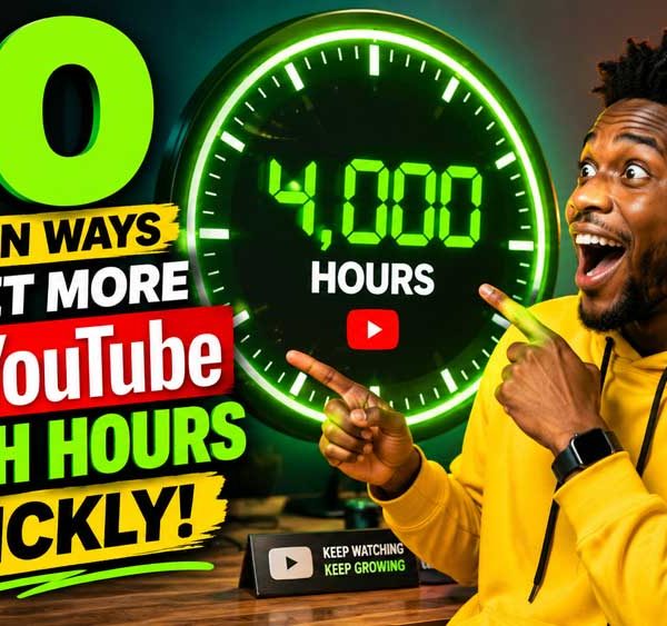 Excited YouTube content creator pointing at a giant clock displaying 4000 YouTube Watch Hours with bold text.