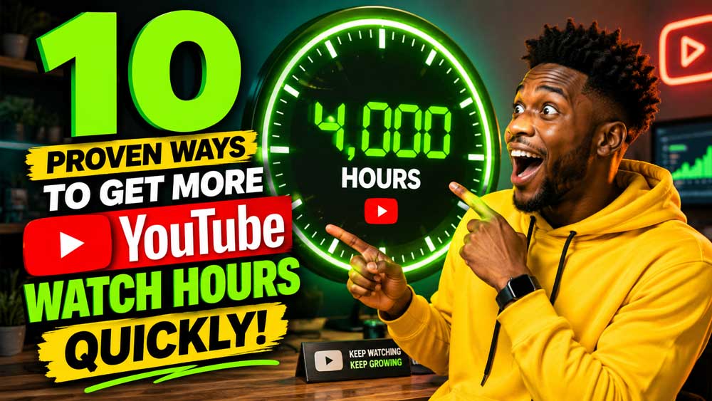 Excited YouTube content creator pointing at a giant clock displaying 4000 YouTube Watch Hours with bold text.
